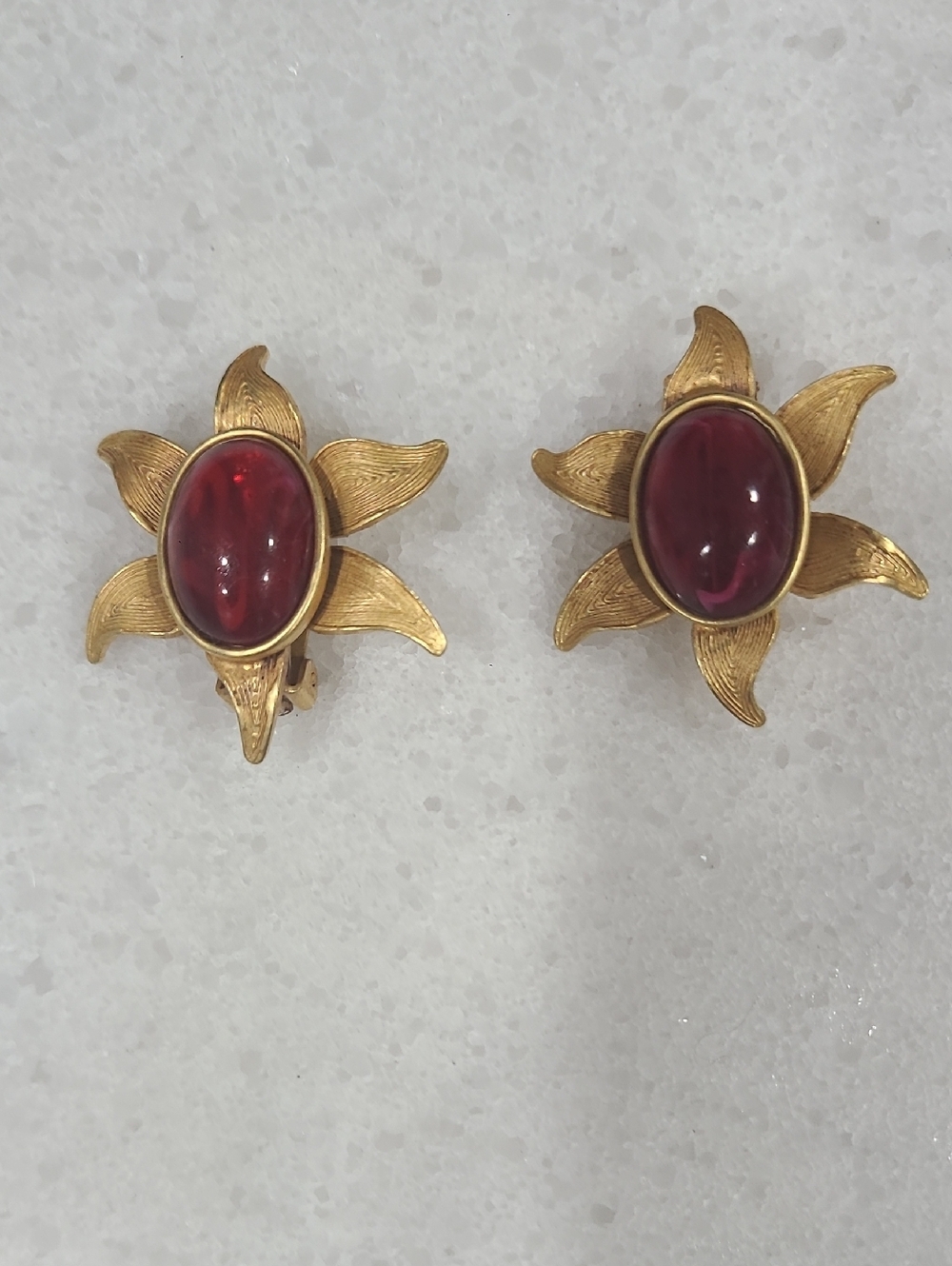 Gold Floral Clip-On Earrings with Red Cabochons